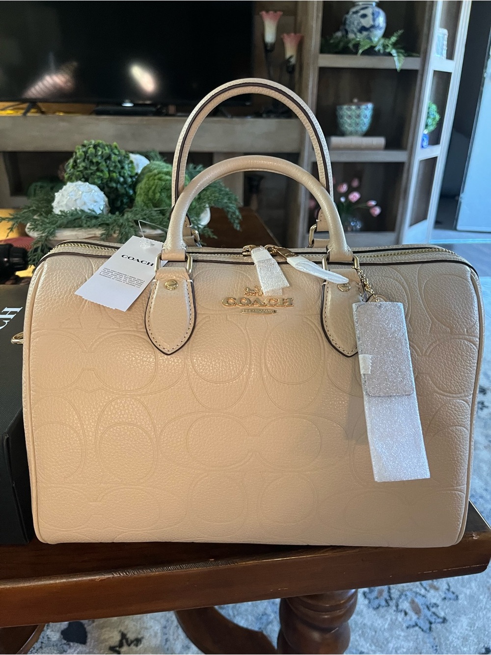 Coach Large Rowan Pebble Leather Satchel in Oat with Gold Hardware